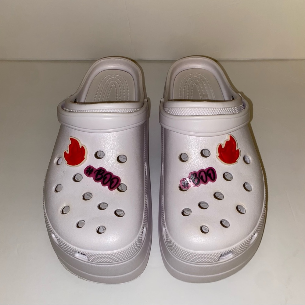 Women's White Platform Clogs with Red Flame Design
